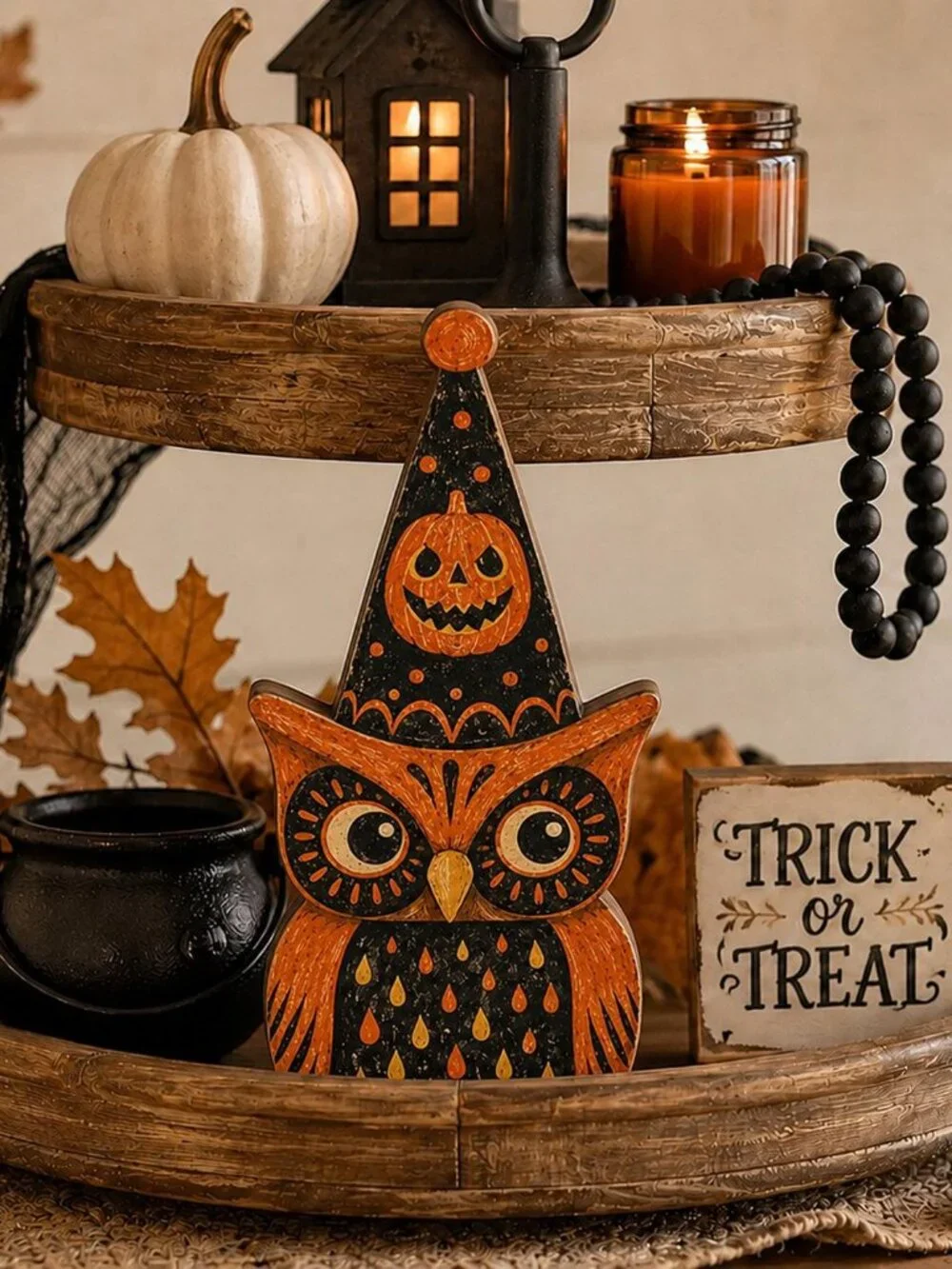 Vintage Halloween Owl Wood Block, Retro Folk Art Owl Decor, Spooky Party Hat